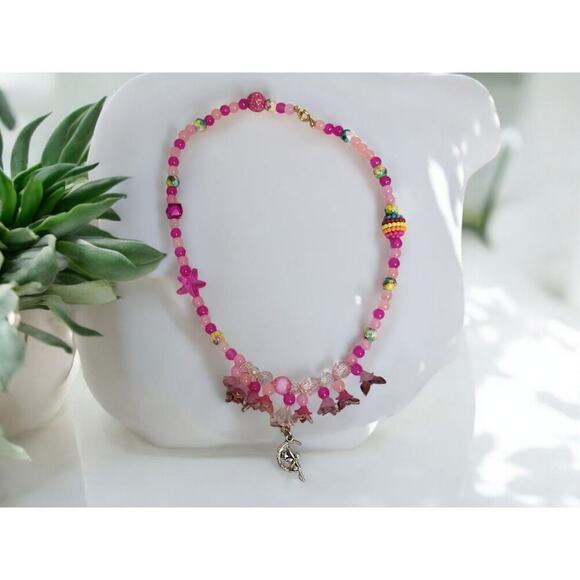 Fairy Cresant Moon Colorful Oil Confetti Glass Frosted Acrylic Beads Necklace - Picture 1 of 16